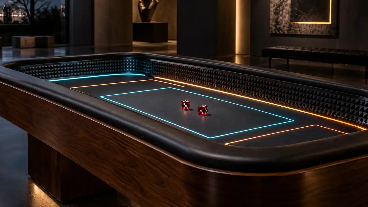 AI 設備概念圖：匿名 Craps 桌與發光線條，非 Blaze 實物或完整遊戲布局