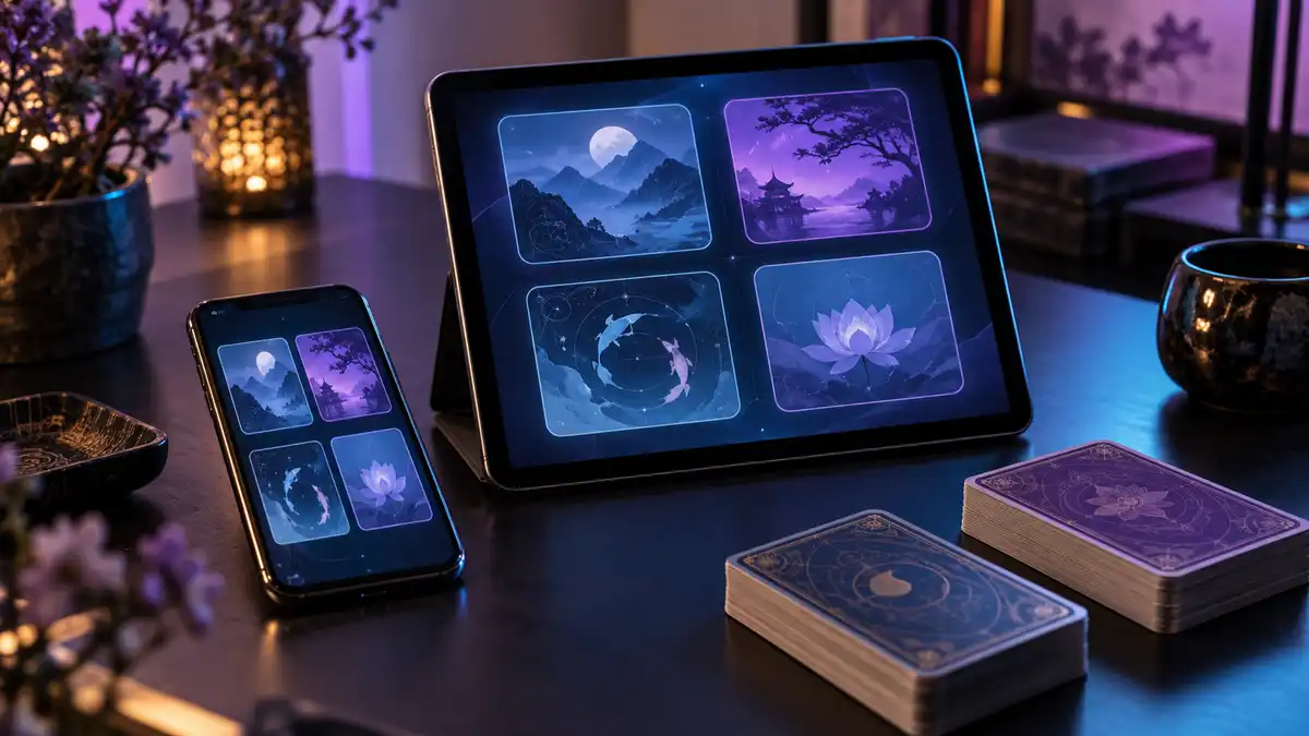 AI 原創概念:桌上的手機與平板呈現虛構棋牌目錄,不是任何正式App畫面。