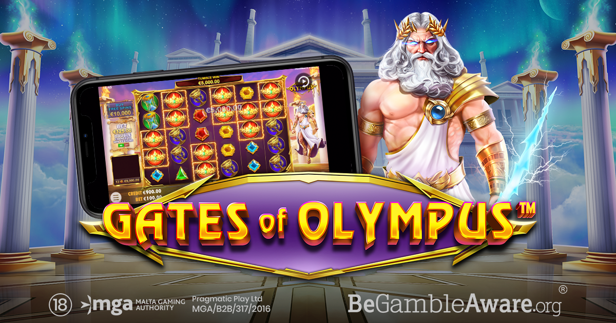 原版 Gates of Olympus 宣傳圖：白鬍成年宙斯、藍紫天空、柱廊與橫向手機