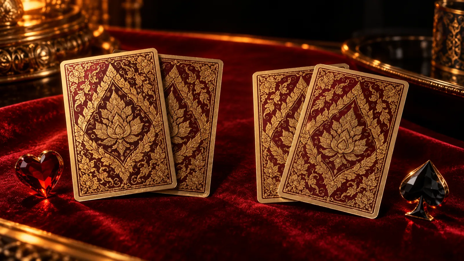 紅色絨布上兩組金紋牌背的原創插畫